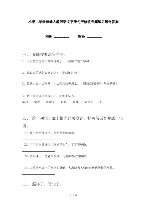 小学二年级部编人教版语文下册句子修改专题练习题含答案