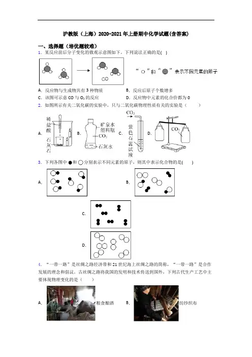 沪教版(上海)2020-2021年上册期中初三化学试题(含答案)