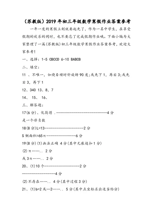 (苏教版)初三年级数学寒假作业答案参考