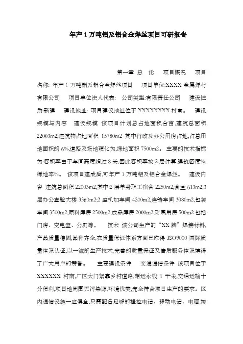 年产1万吨铝及铝合金焊丝项目可研报告(可编辑)