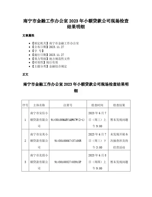 南宁市金融工作办公室2023年小额贷款公司现场检查结果明细