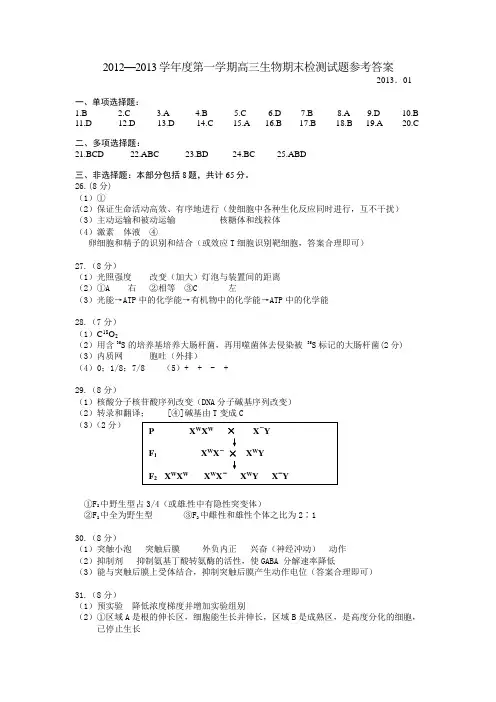 2013届扬州期末生物   2012-2013生物高三期末参考答案