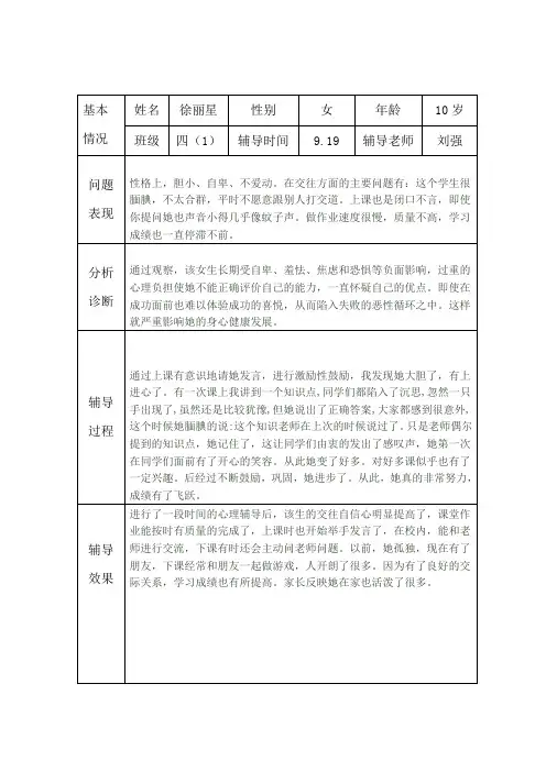 (完整版)小学生心理健康咨询个案辅导记录表(台账)