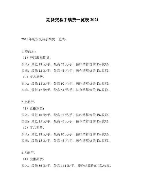 期货交易手续费一览表2021