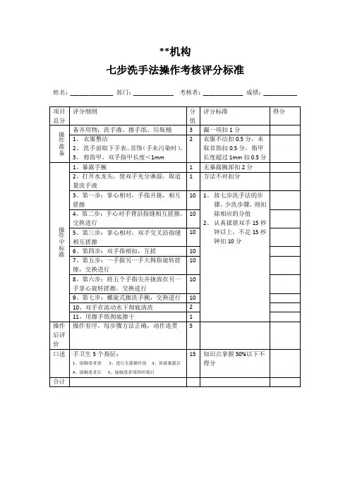 七步洗手法操作考核评分表