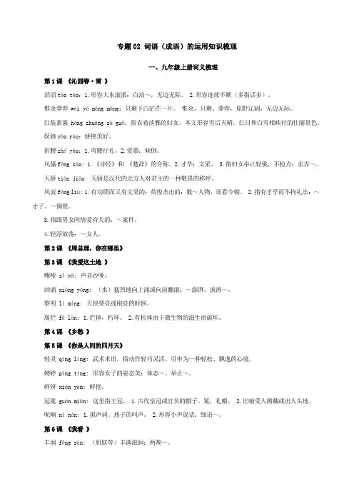 词语(成语)的运用(知识串讲)-2022-2023学年九年级语文上学期期中期末考点大串讲(部编版)