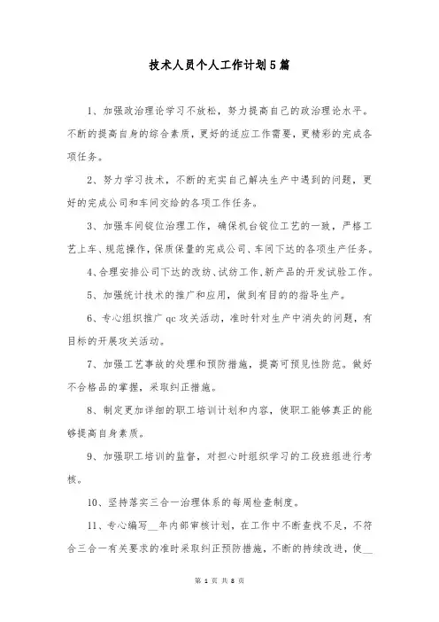 技术人员个人工作计划5篇