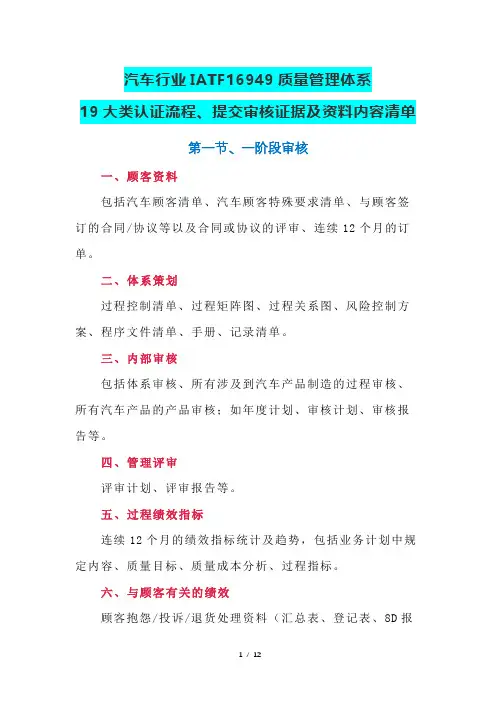 汽车行业IATF16949质量管理体系19大类认证流程、提交审核证据及内容清单