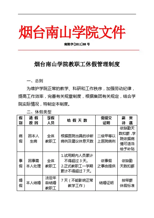 南院字[2011]88号烟台南山学院教职工休假管理制度