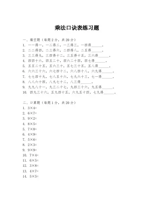 乘法口诀表练习题