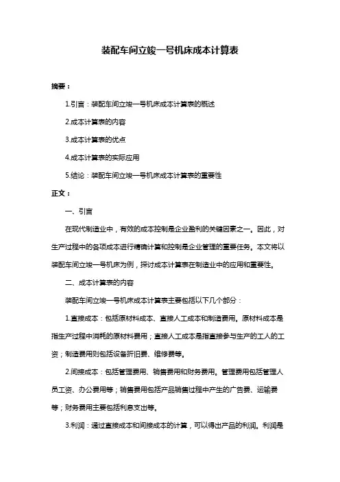 装配车间立竣一号机床成本计算表
