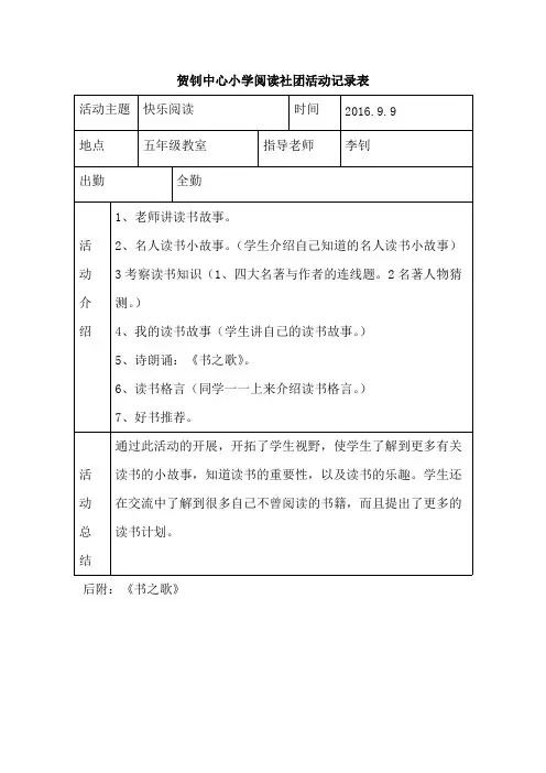 2016-2017第一学期阅读活动记录表