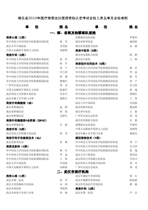 湖北省2010年医疗美容主诊医师资格认定考试合格人员名单及合格类别