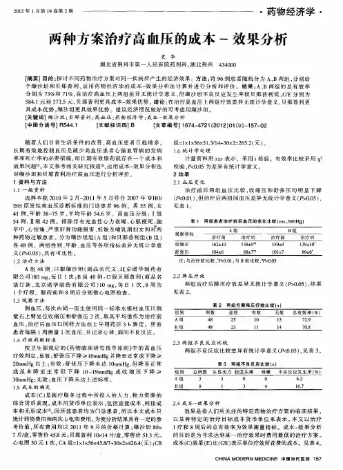 两种方案治疗高血压的成本-效果分析