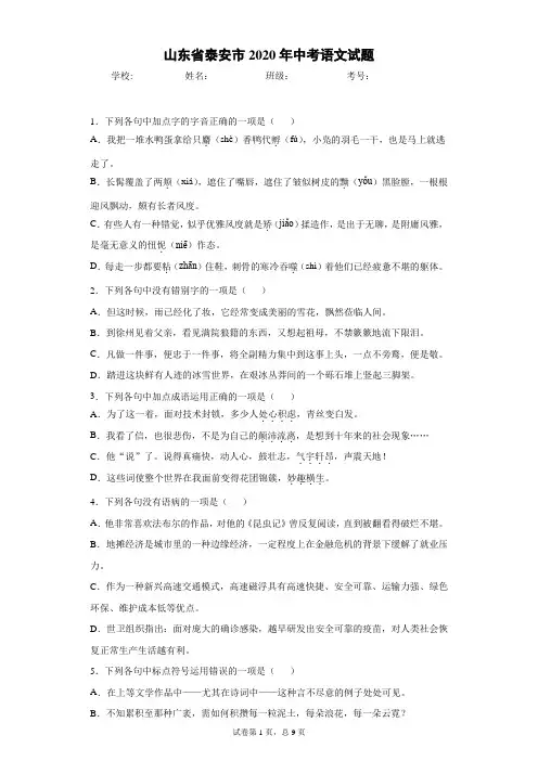 山东省泰安市2020年中考语文试题