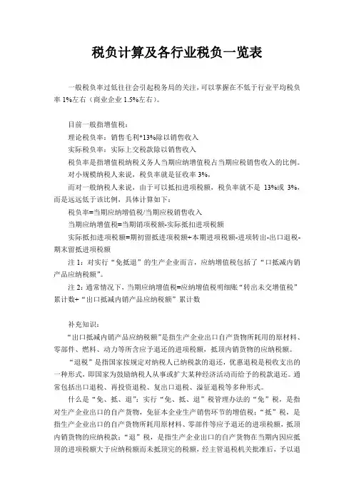 各行业税负测算标准