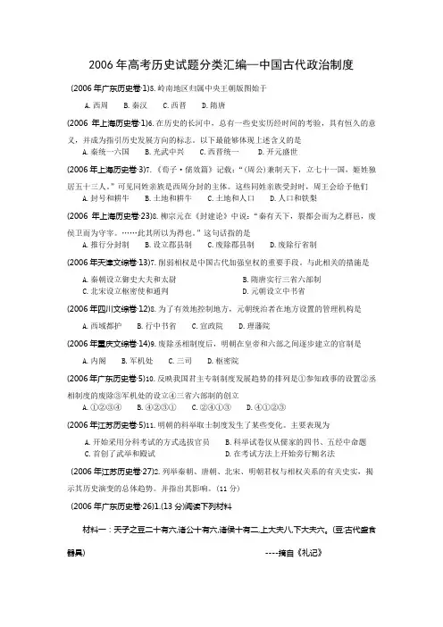 (无解析版)06年各地高考历史真题汇编：中国古代政治史