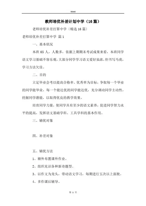教师培优补差计划中学(16篇)