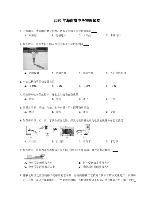 2020年海南省中考物理试卷(含答案)