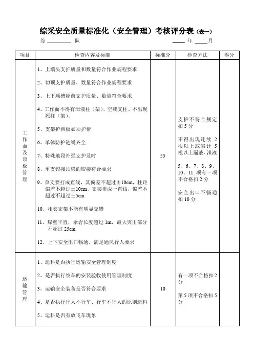 综采安全质量标准化(安全管理)考核评分表