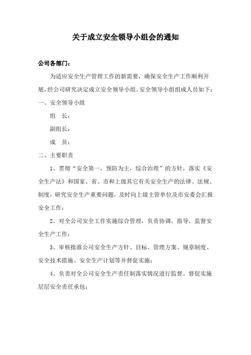 关于成立安全领导小组的通知