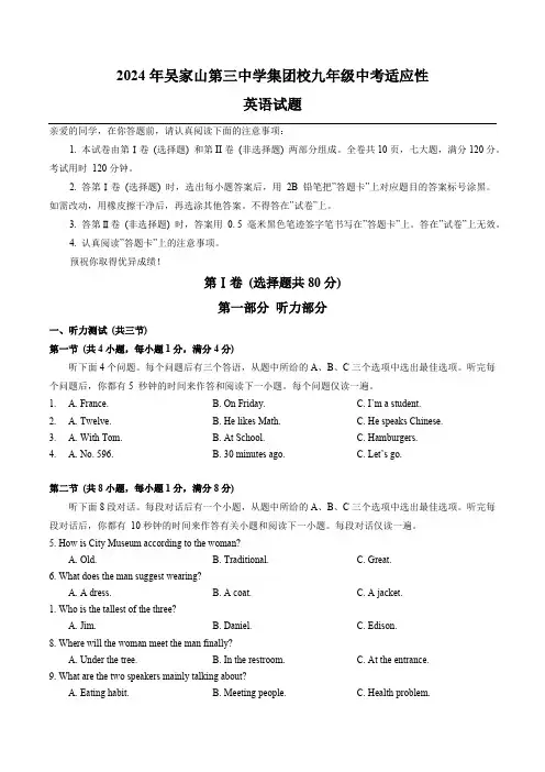 2024年湖北省武汉市吴家山第三中学集团校九年级中考适应性英语试题(含答案,无听力音频及原文)
