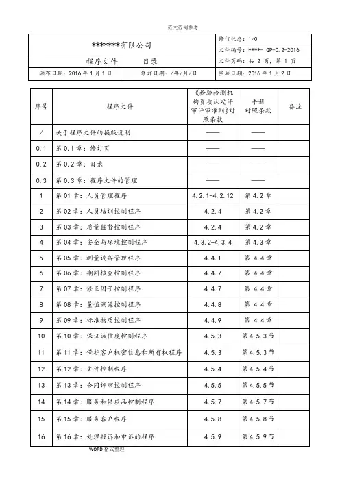 某检验检测机构质量管理体系程序文件2016新版