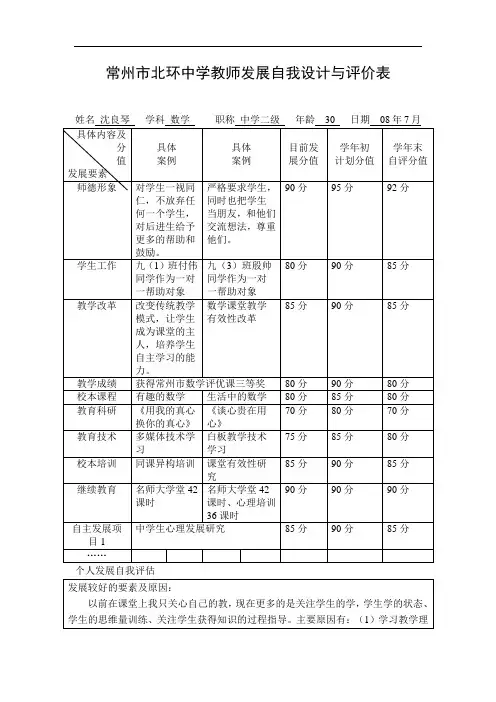 常州市北环中学教师发展自我设计与评价表