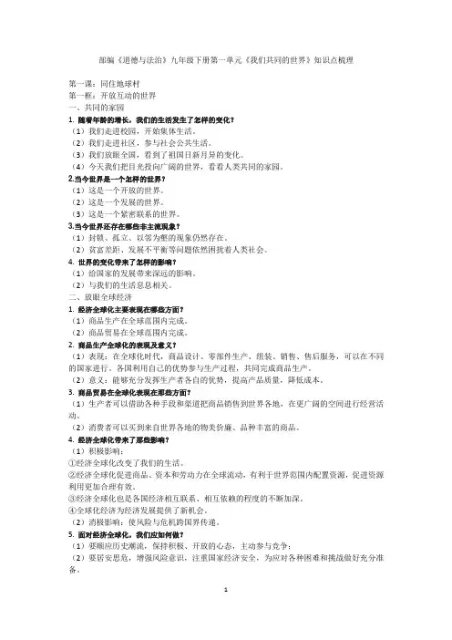 统编人教部编版九年级下册道德与法治第一单元《我们共同的世界》知识点梳理