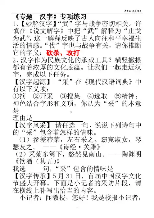 《专题--汉字》专项练习答案版