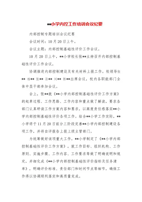 小学内控工作培训会议纪要
