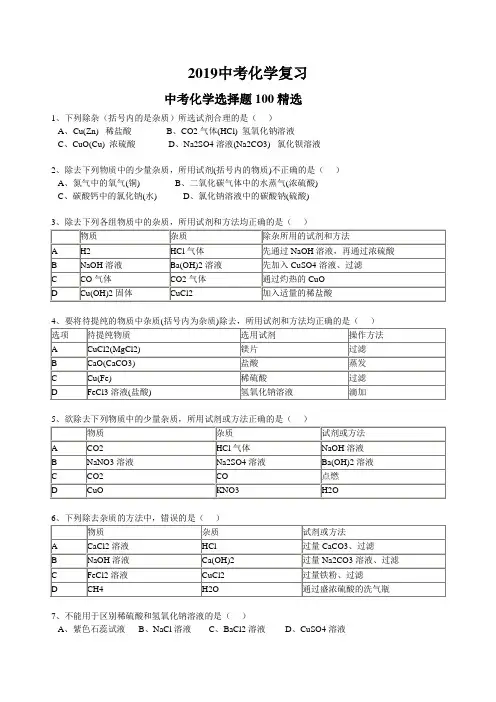 2019中考冲刺化学易错100题及答案