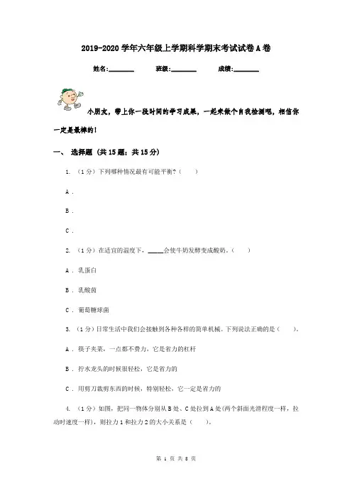 2019-2020学年六年级上学期科学期末考试试卷A卷