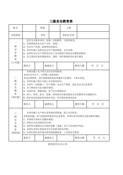 三级教育培训总结表