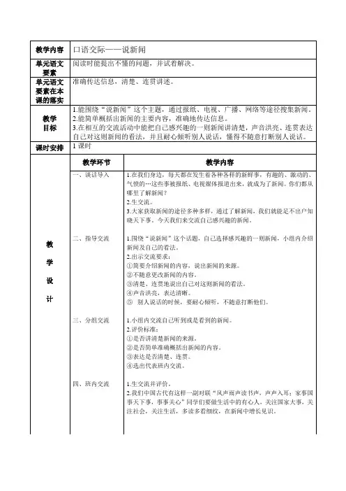 统编版小学语文四年级下册之第二单元口语交际《说新闻》教学设计