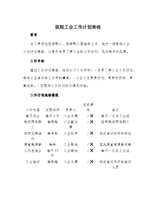 医院工会工作计划表格
