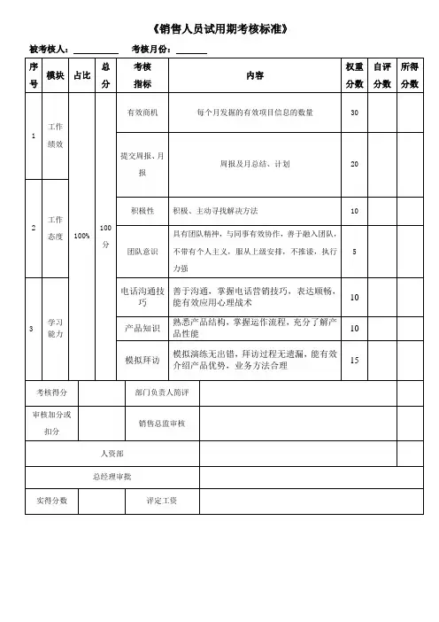 销售试用期绩效考核表