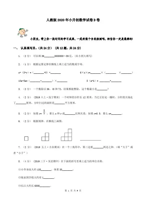 人教版2020年小升初数学试卷D卷