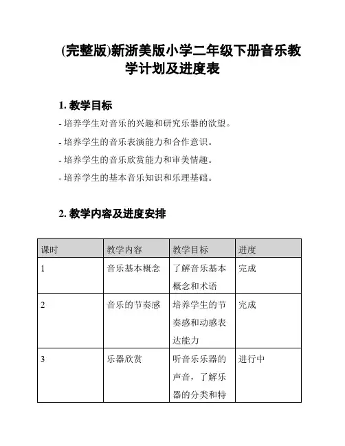 (完整版)新浙美版小学二年级下册音乐教学计划及进度表