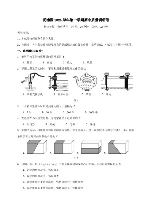 上海市杨浦区2024学年第一学期期中考试初三物理试卷-教师版