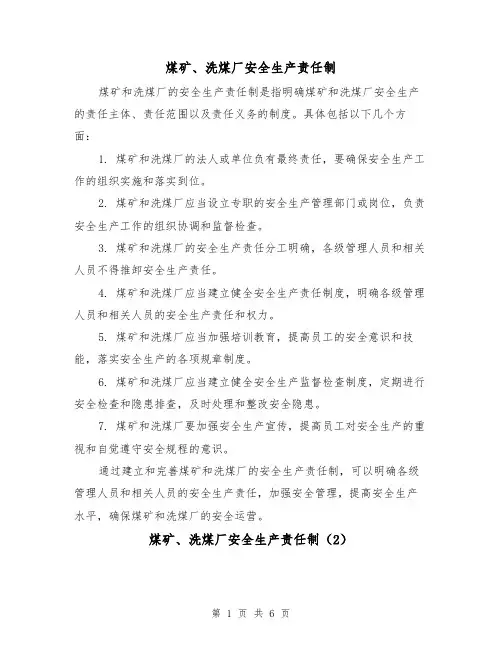 煤矿、洗煤厂安全生产责任制（3篇）