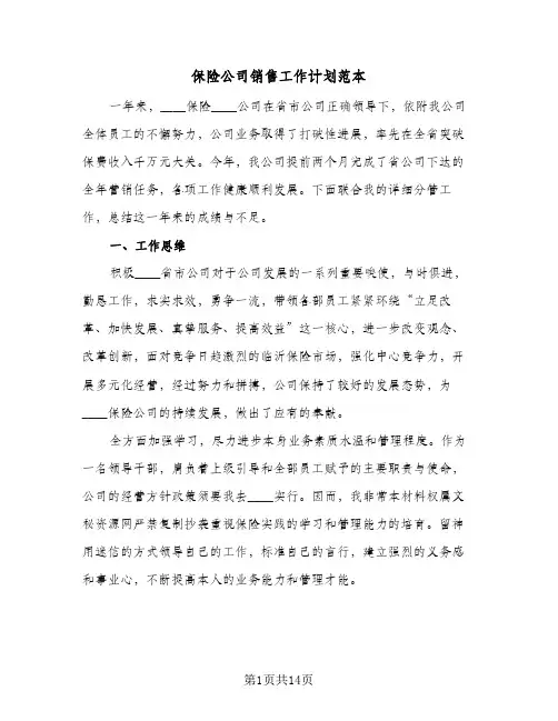 保险公司销售工作计划范本（五篇）