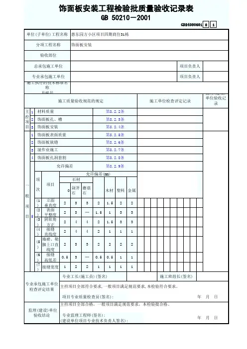 饰面板安装工程检验批质量验收记录表
