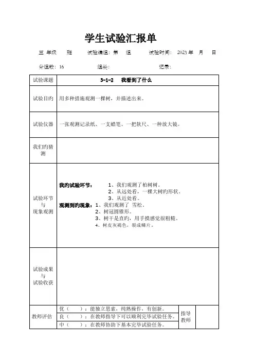2023年教科版三年级上册科学学生实验报告