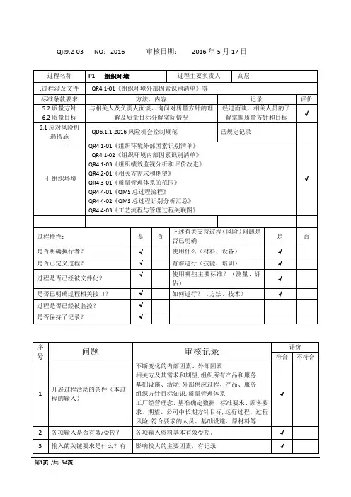 IATF16949-2016质量体系内部审核检查表(含审核记录)