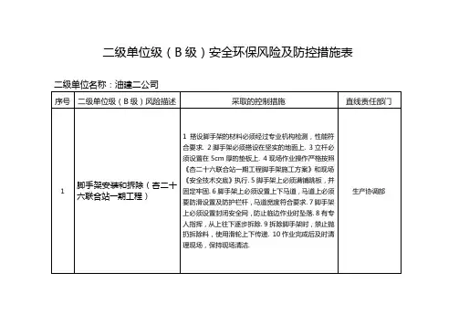 二级单位级安全环保风险及防控措施表