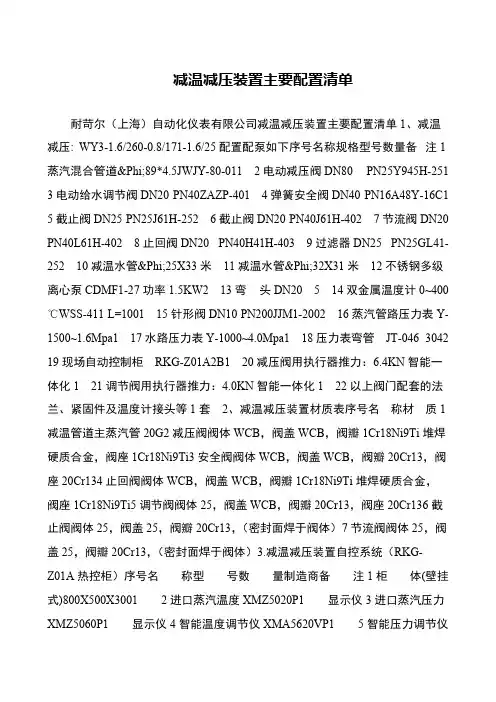 减温减压装置主要配置清单