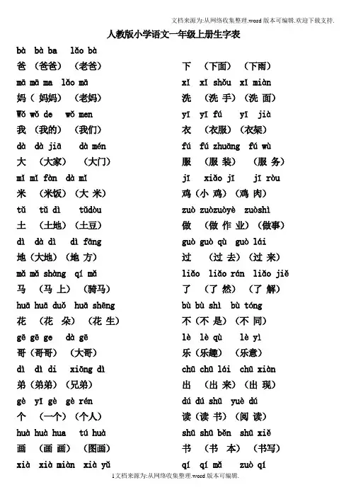 人教版语文一年级上全部生字组词加拼音(供参考)