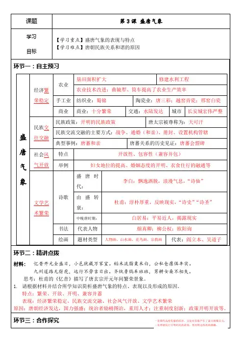 人教部编版历史七年级下册第3课盛唐气象学案设计