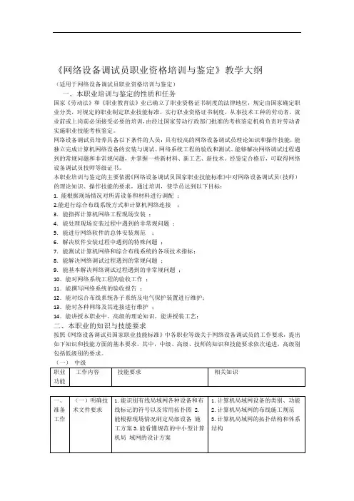 网络设备调试员高级技能鉴定教学大纲教学内容